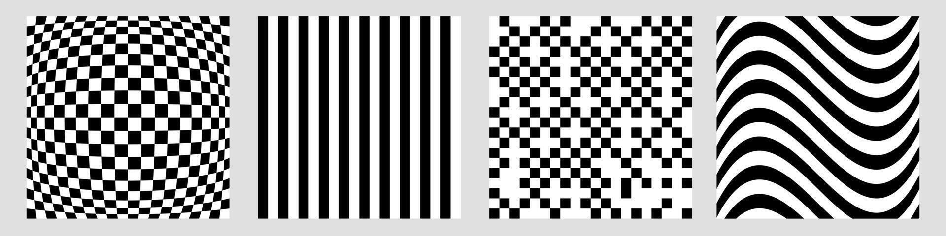 Black and white trendy groovy checker board square pattern illustrations set. Distorted geometric square background in vintage psychedelic y2k style. set. vector