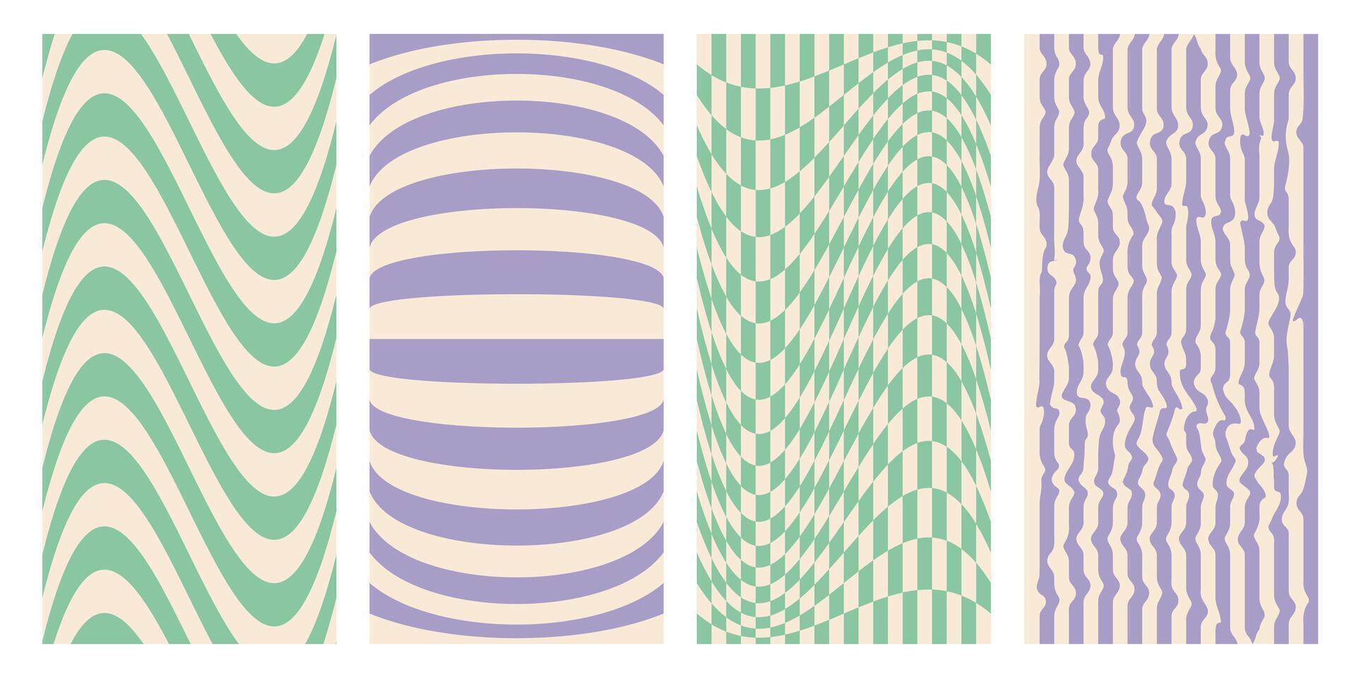 Groovy hippie chessboard pattern set in pastel green, beige and purple colors. Retro 60s 70s psychedelic backgrounds. . vector