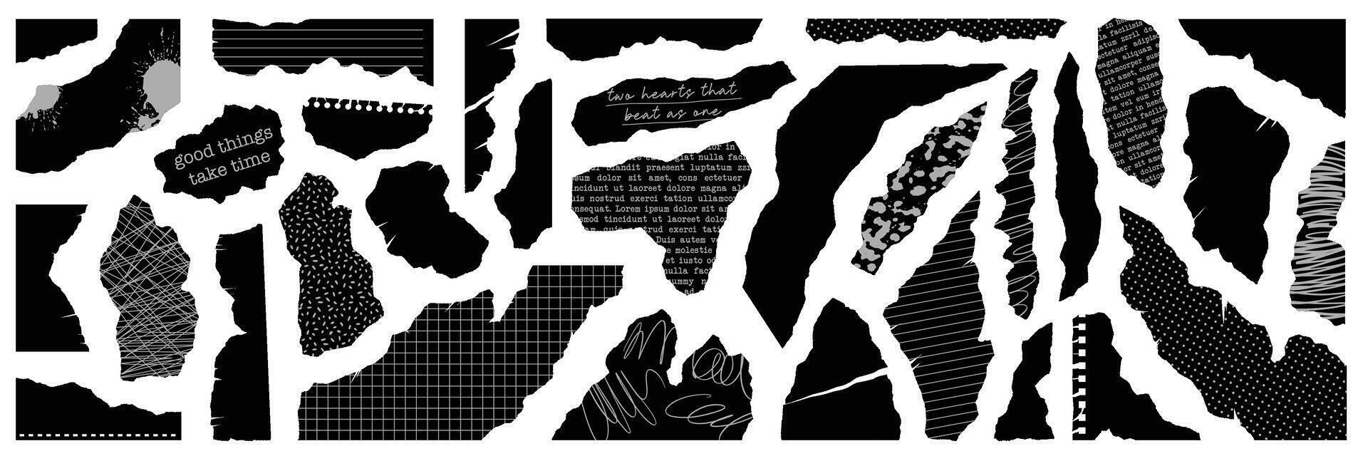 conjunto de negro Rasgado papel formas collage Arte con retro papel elementos, dibujado textura, q.e.p.d piezas. separar Clásico documentos para pancartas, carteles, publicaciones vector