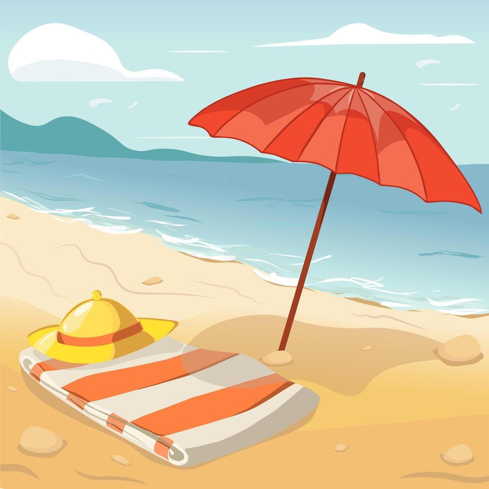 Concept of summer beach with stones and sand. striped towel and hat under umbrella. Summer sea beach with mountains and clouds. vector