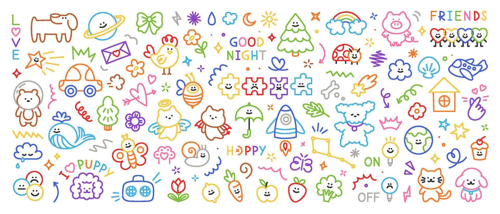 Cute colorful kid doodle icons set. Hand drawn scribble set of sun, flower, smile, heart, animal, cloud, star, rainbow, tree. Trendy sketch childish elements for stickers, patterns, banners vector