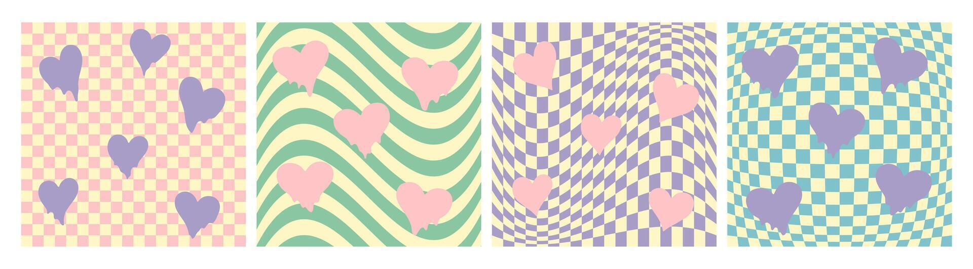 Groovy checkered patterns in pastel colors with hearts shape, vintage aesthetic backgrounds, psychedelic checkerboard texture. Funky hippie fashion textile print, pattern set. vector