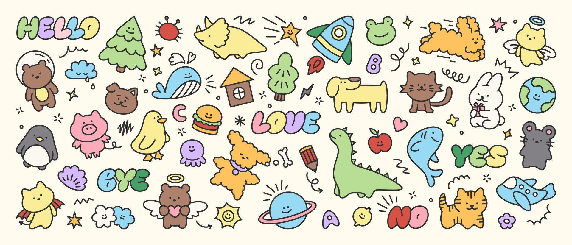 Colorful cute kid icons set. Doodle set of sun, dinosaur, frog, planet, animal, cloud, star, bear, whale, letter, tree. trendy hand drawn childish elements for stickers, patterns, banners vector