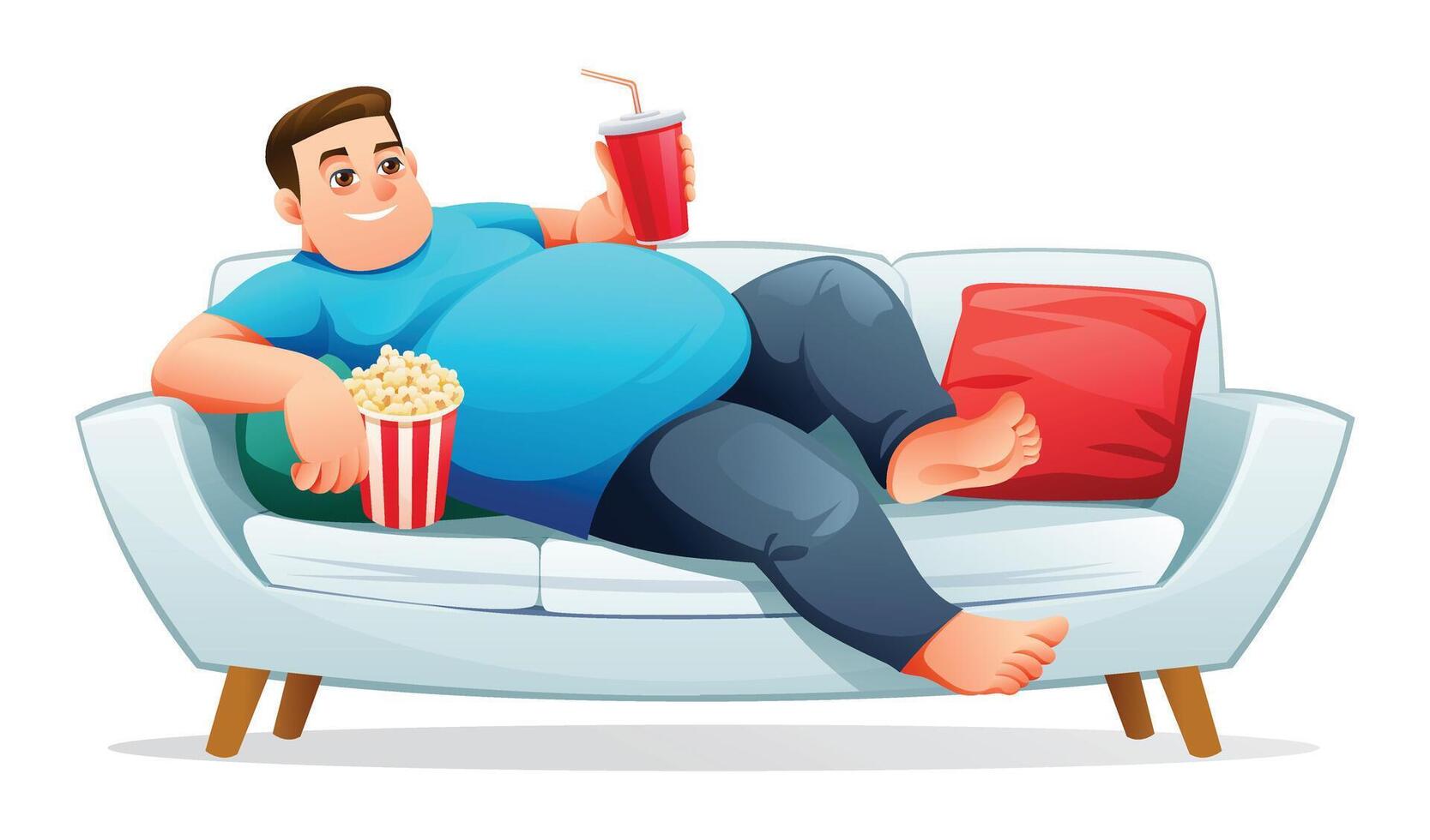 grasa hombre acostado en el sofá mientras participación bebida y Palomitas. ilustración aislado en blanco antecedentes vector