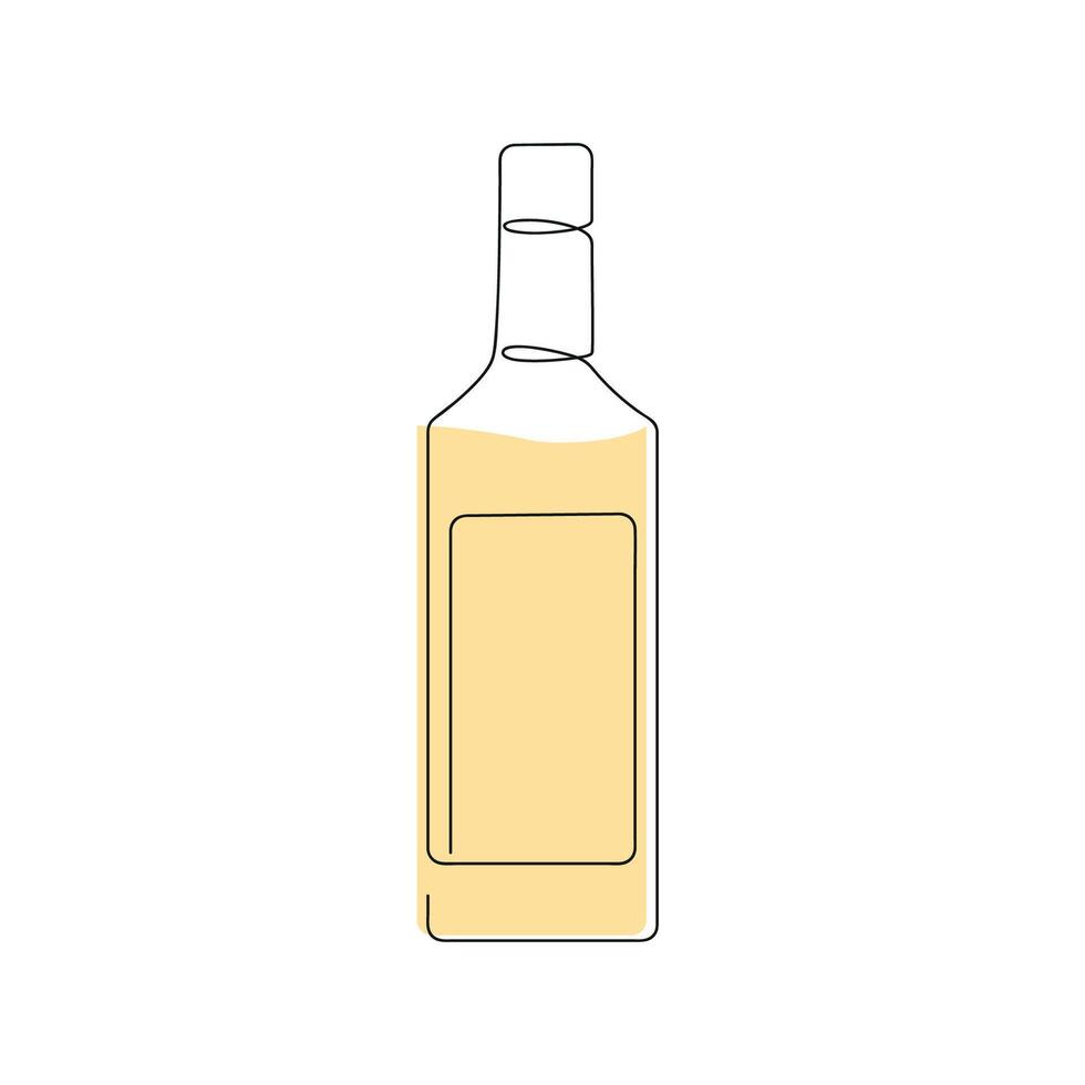 Bottle of tequila drawn in one continuous line in color. One line drawing, minimalism. illustration. vector