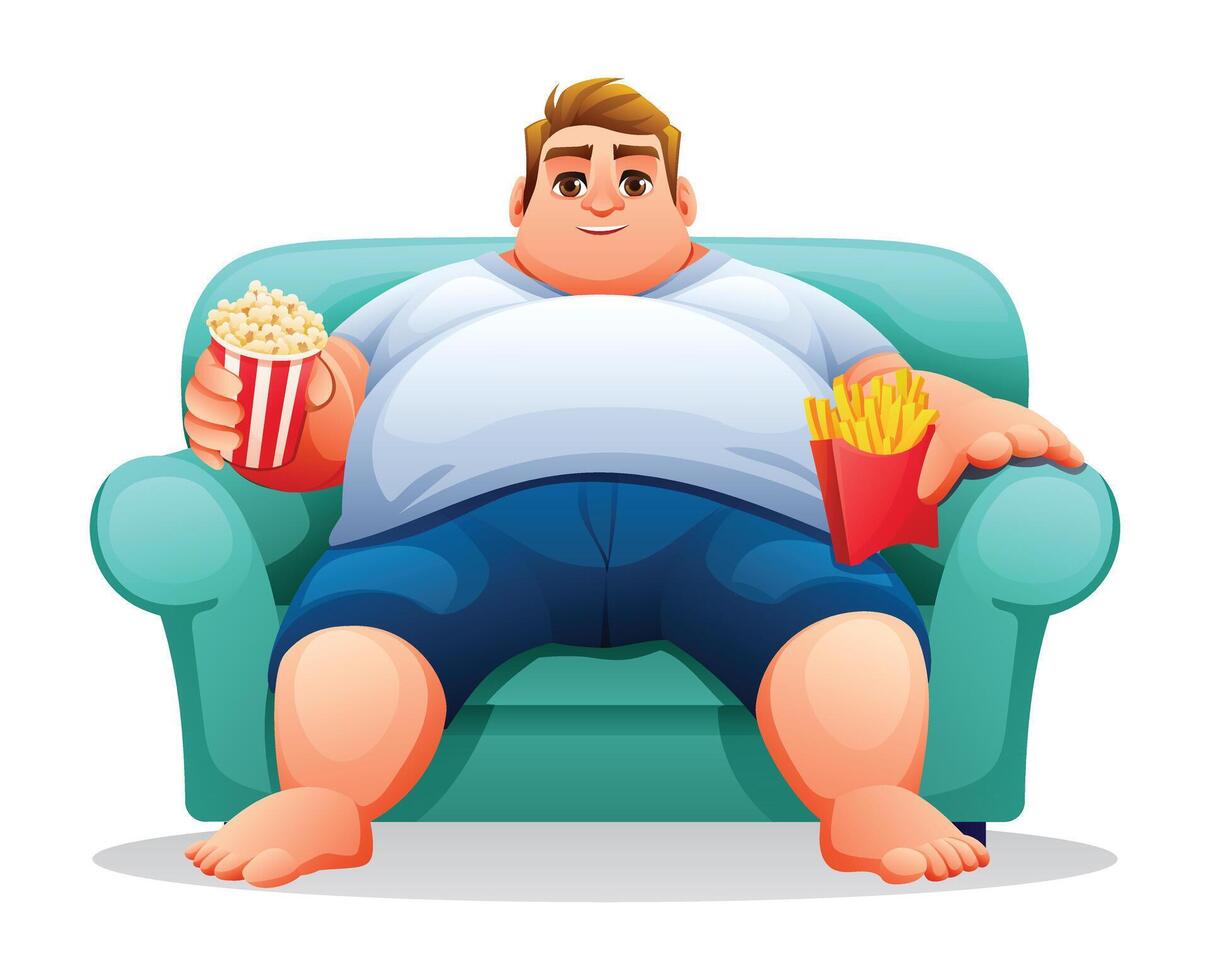 Fat man sitting on the sofa with popcorn and french fries. illustration isolated on white background vector