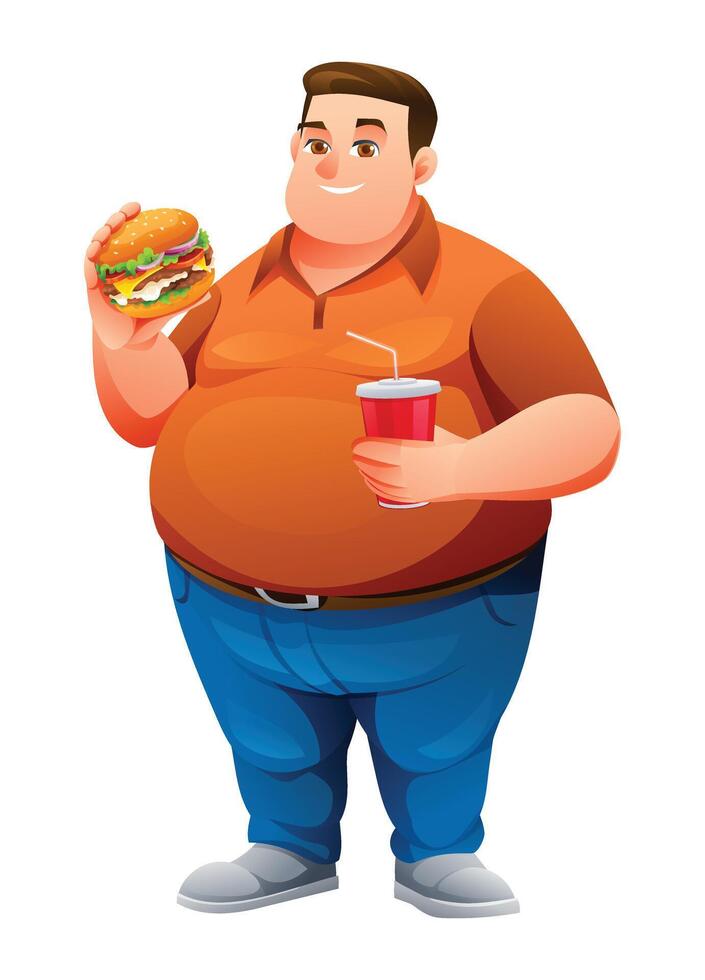 contento grasa hombre participación hamburguesa y beber. dibujos animados personaje aislado en blanco antecedentes vector