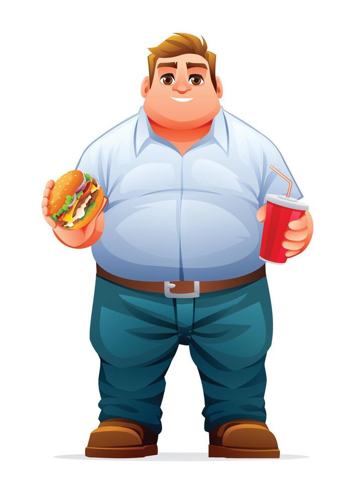 Fat man holding burger and drink. cartoon character isolated on white background vector