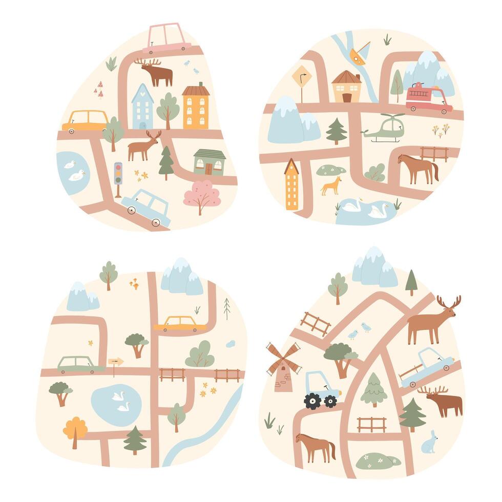 Set of kids city map. illustration of a city map with cars, mountains, trees. Hand drawn illustration for kids room. vector