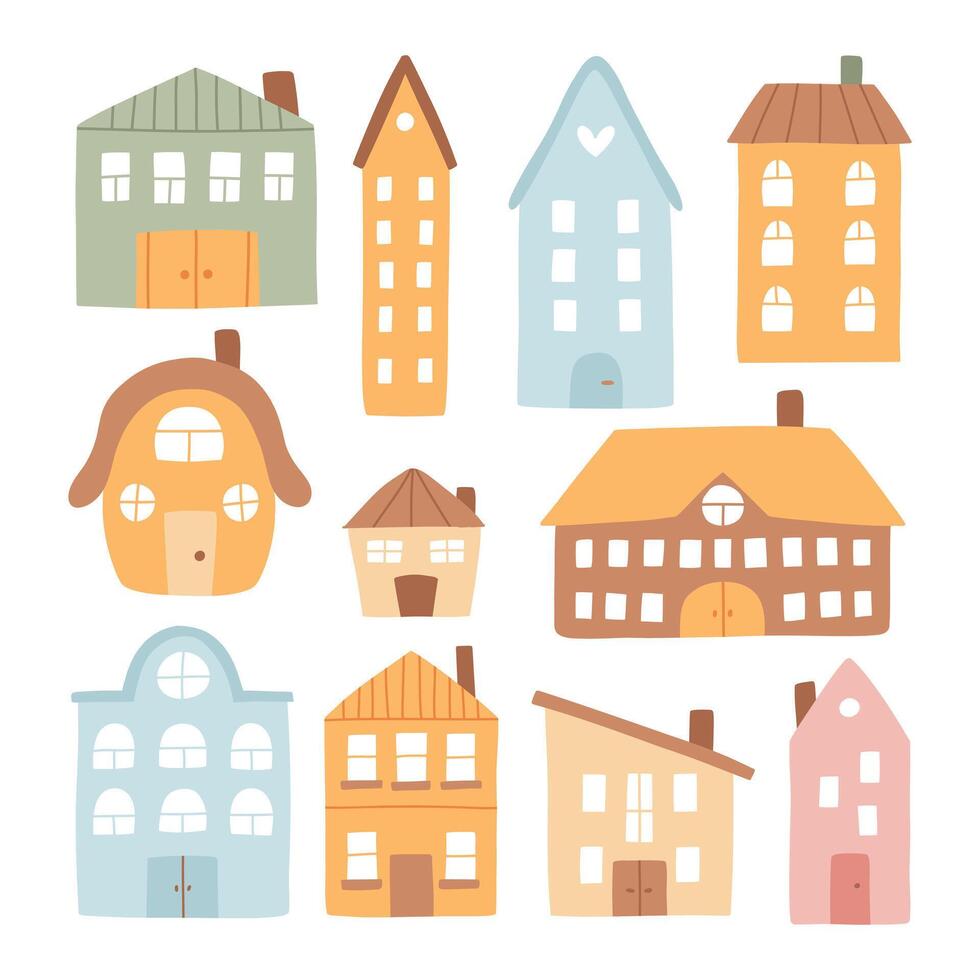 Set of houses in boho style. collection of clip arts with houses in hand-drawn style. Isolated simple houses. vector