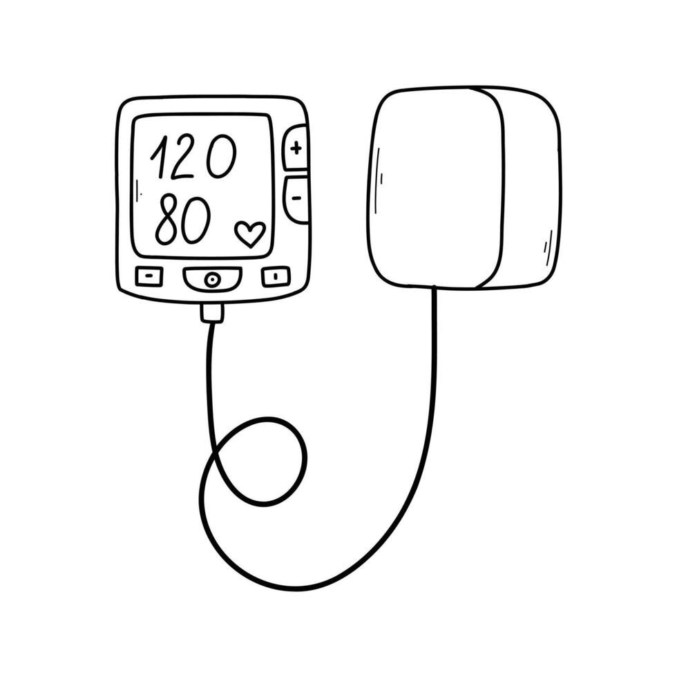 sangre presión medición. electrónico tonómetro hipertensión ilustración aislado en blanco antecedentes. garabatear estilo. vector