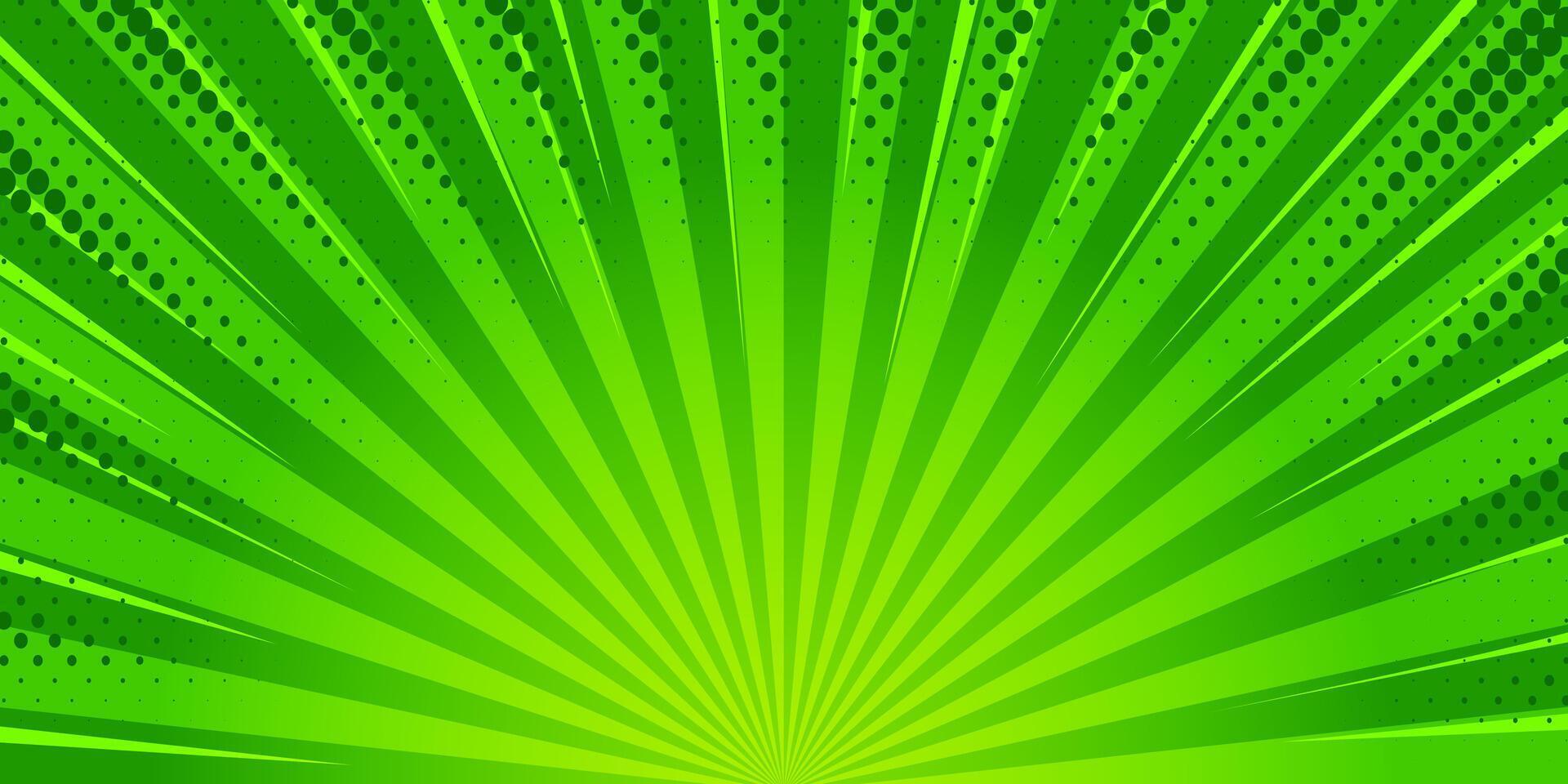 Starburst cartoon comic background. Pop art pattern with radial rays effect. sun light green wallpaper with halftone. Abstract anime explosion. Vintage manga backdrop vector