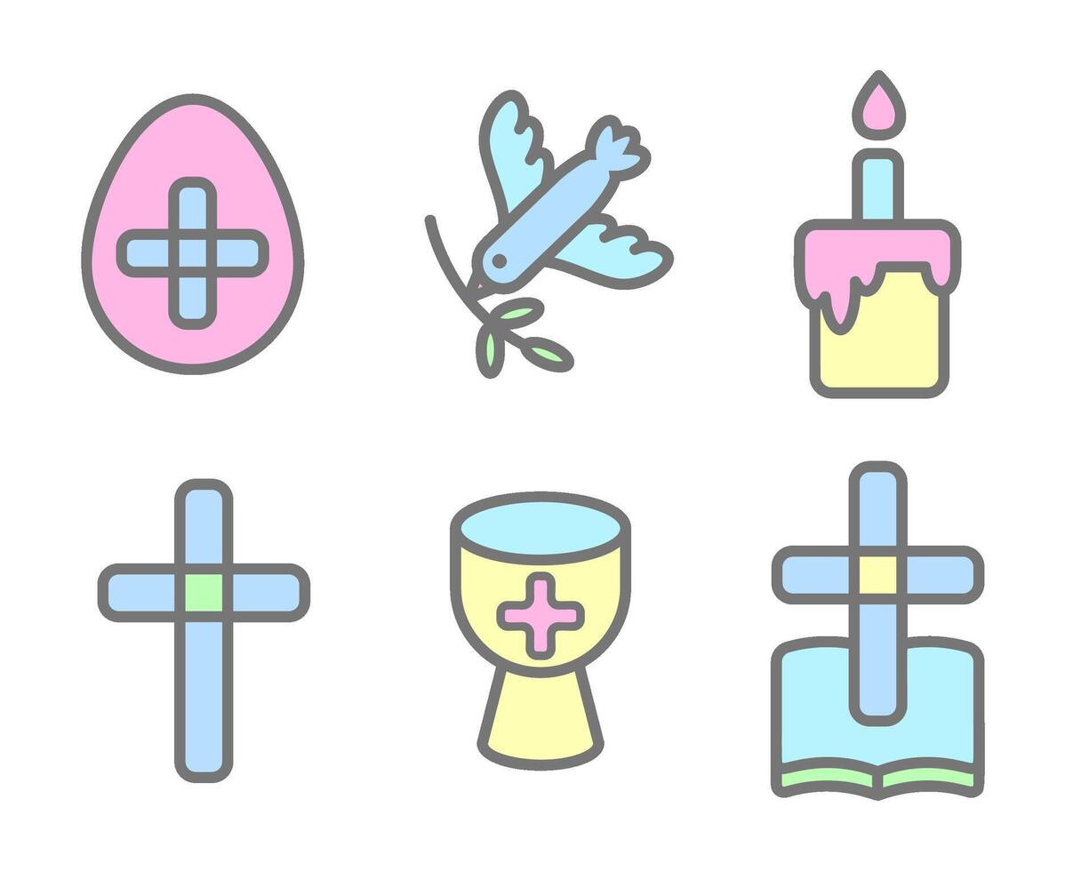 Easter icons. Christian religious outline color symbols of cross bible cake bird and cup isolated on white background. Pictograms for holly spring holiday. vector