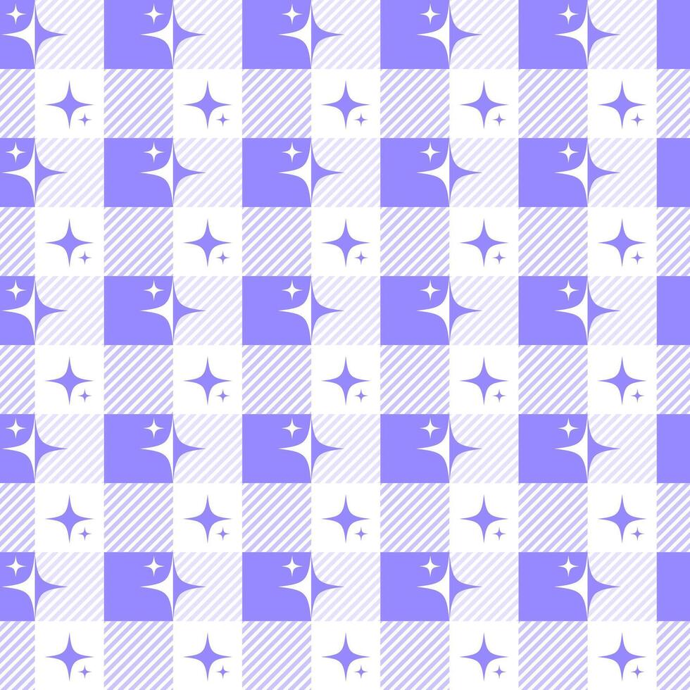 Y2k seamless pattern with sparkles. Geometric checkered vichy background with abstract stars. bright purple design vector