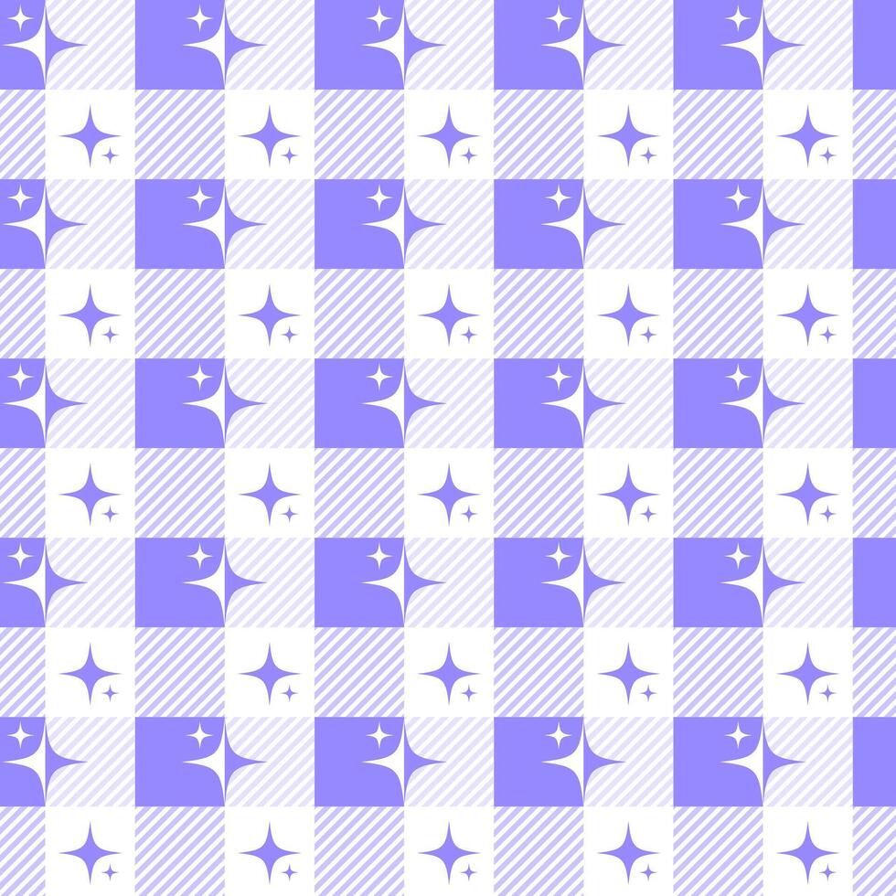 Y2k seamless pattern with sparkles. Geometric checkered vichy background with abstract stars. bright purple design vector