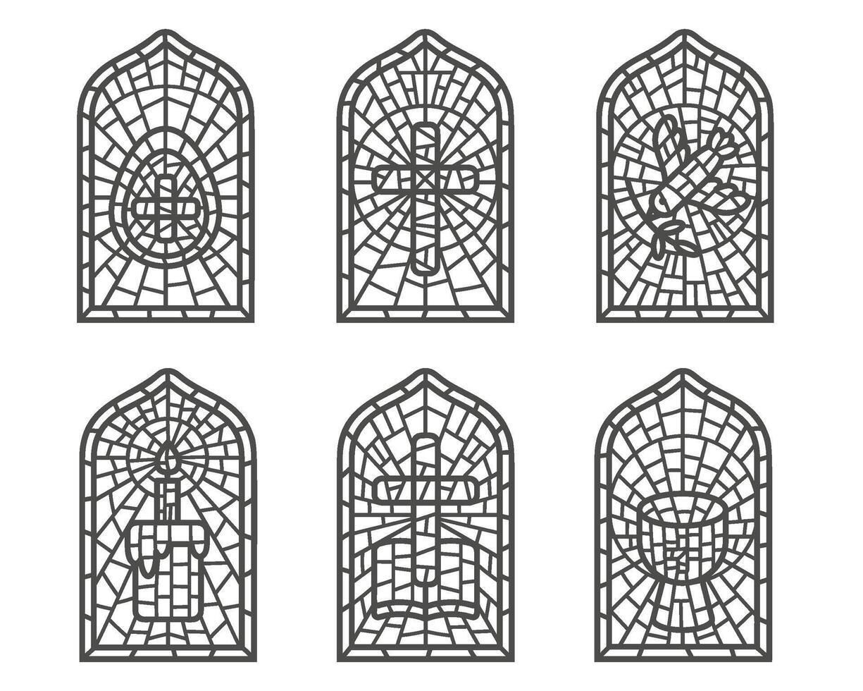 Church stained windows with religious Easter symbols. Christian mosaic glass arches set with cross dove cup and egg isolated on white background. Outline illustration vector