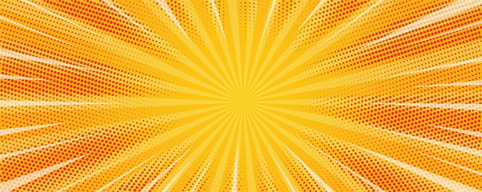 Comic yellow background. Orange pop art sunburst pattern. Retro explosion with halftone effect. Abstract superhero wallpaper vector
