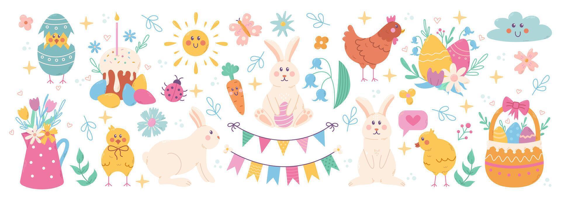Happy Easter cute big set. Rabbit, egg, flower and other spring elements. cartoon illustration vector