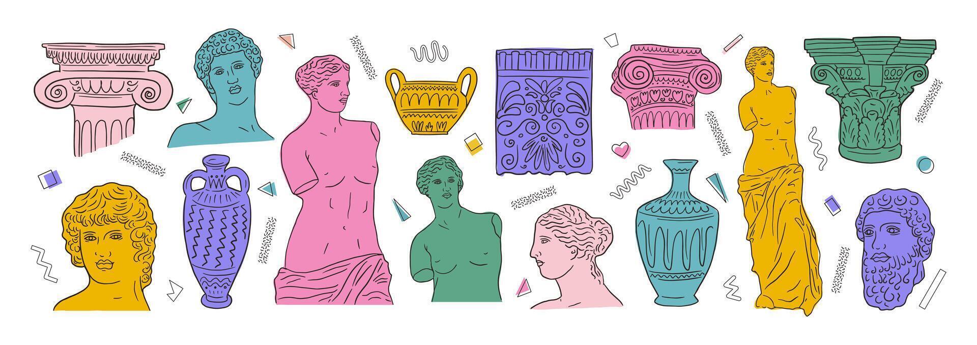 Greek ancient big set, various antique statues. Heads, vase, body. hand drawn illustrations of classic sculpture in trendy modern style vector