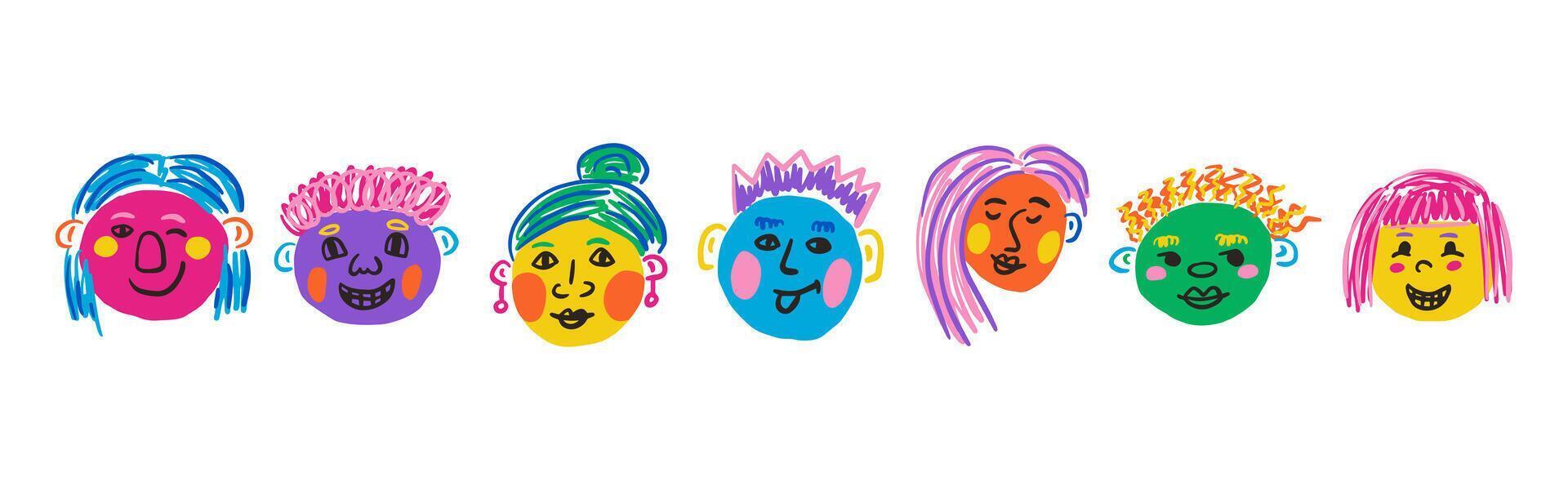 Colorful people face set. Funny portraits, modern abstract character in doodle style. hand drawn illustration vector