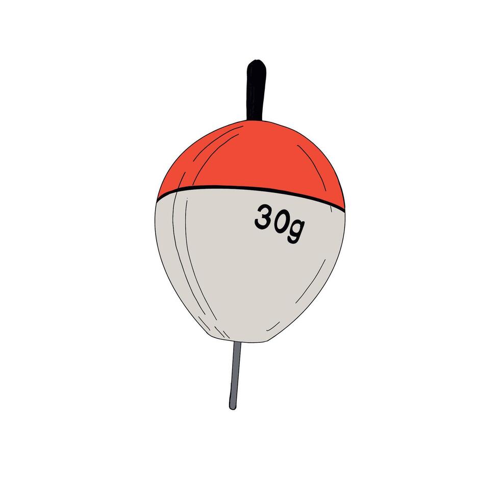 Fishing float bobber cork illustration tackle. Bait minnow line drawing. Silhouette white red outline. Fisher angler tool. Sharp triple catch sport equipment vector