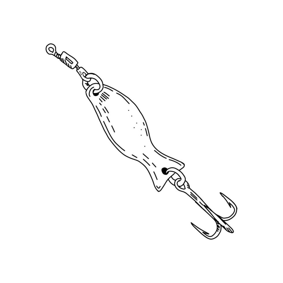 Fishing hook minnow illustration tackle. Metal fly gudgeon spinner lure feeding. Bait line drawing. Ink silhouette. Spoon angler tool black outline vector
