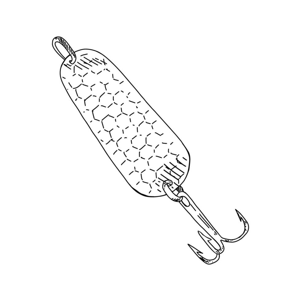 Fishing hook minnow illustration tackle. Metal fly gudgeon spinner lure feeding. Bait line drawing. Ink silhouette. Spoon angler tool black outline vector