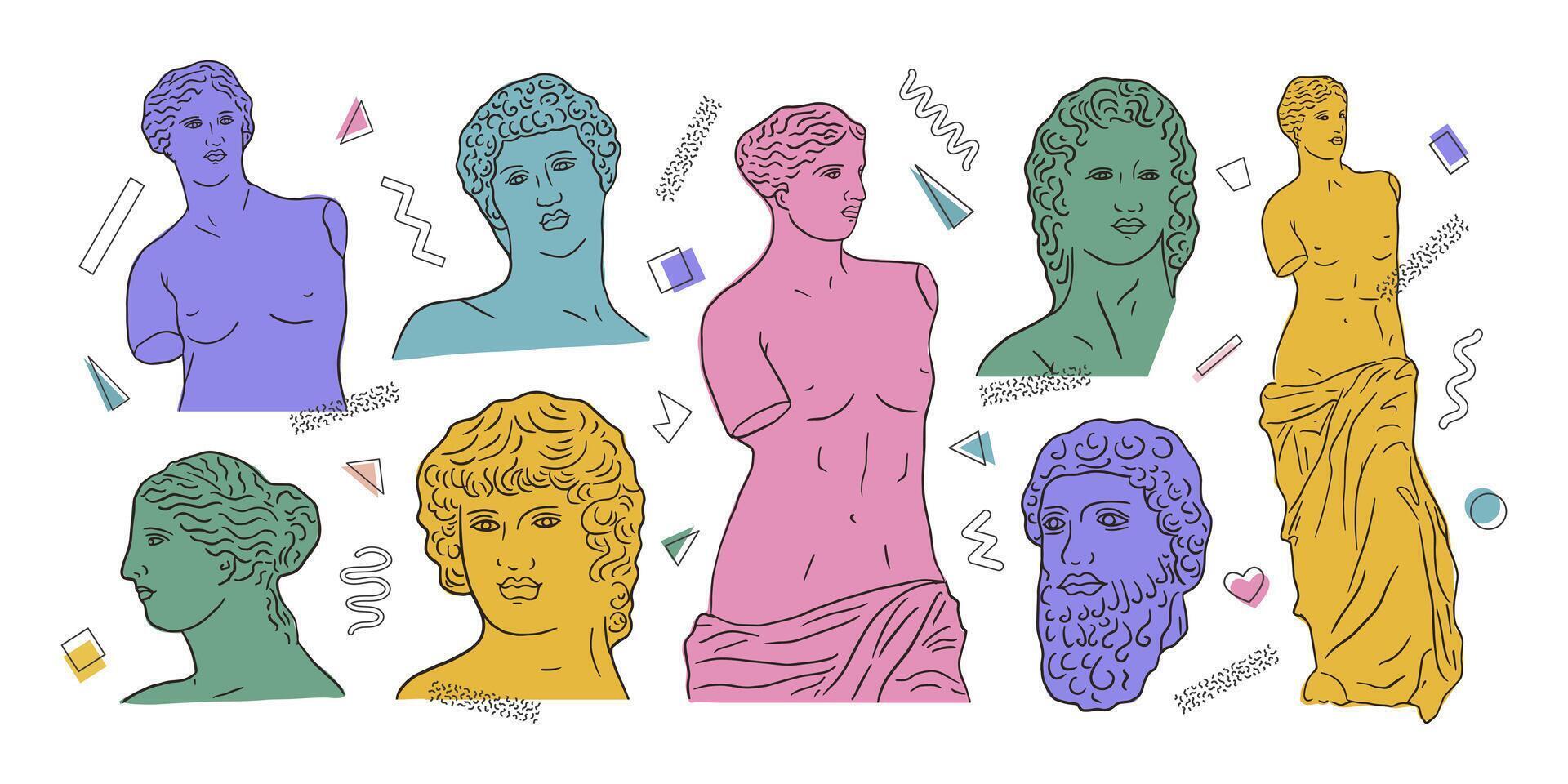 griego antiguo colocar, varios antiguo estatuas cabezas, florero, cuerpo. mano dibujado ilustraciones de clásico escultura en de moda moderno estilo vector