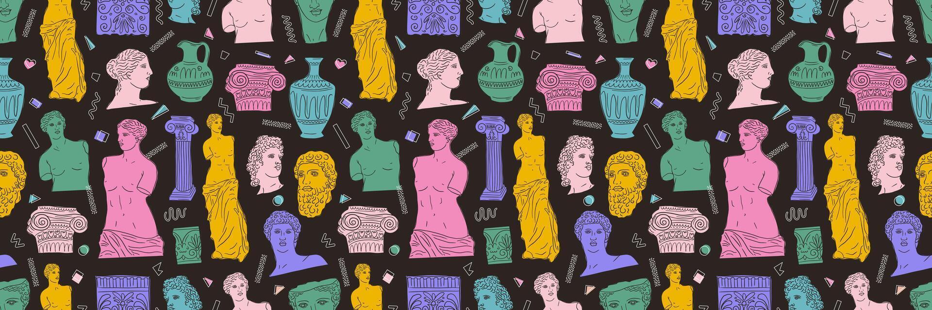 Greek ancient set, various antique statues. Heads, vase, body. hand drawn seamless pattern of classic sculpture in trendy modern style vector