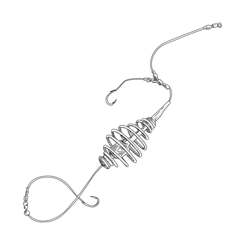Fishing feeder spring bottom illustration. Hook angler tackle. Metal lure feeding. Bait minnow line drawing. Ink silhouette black outline vector