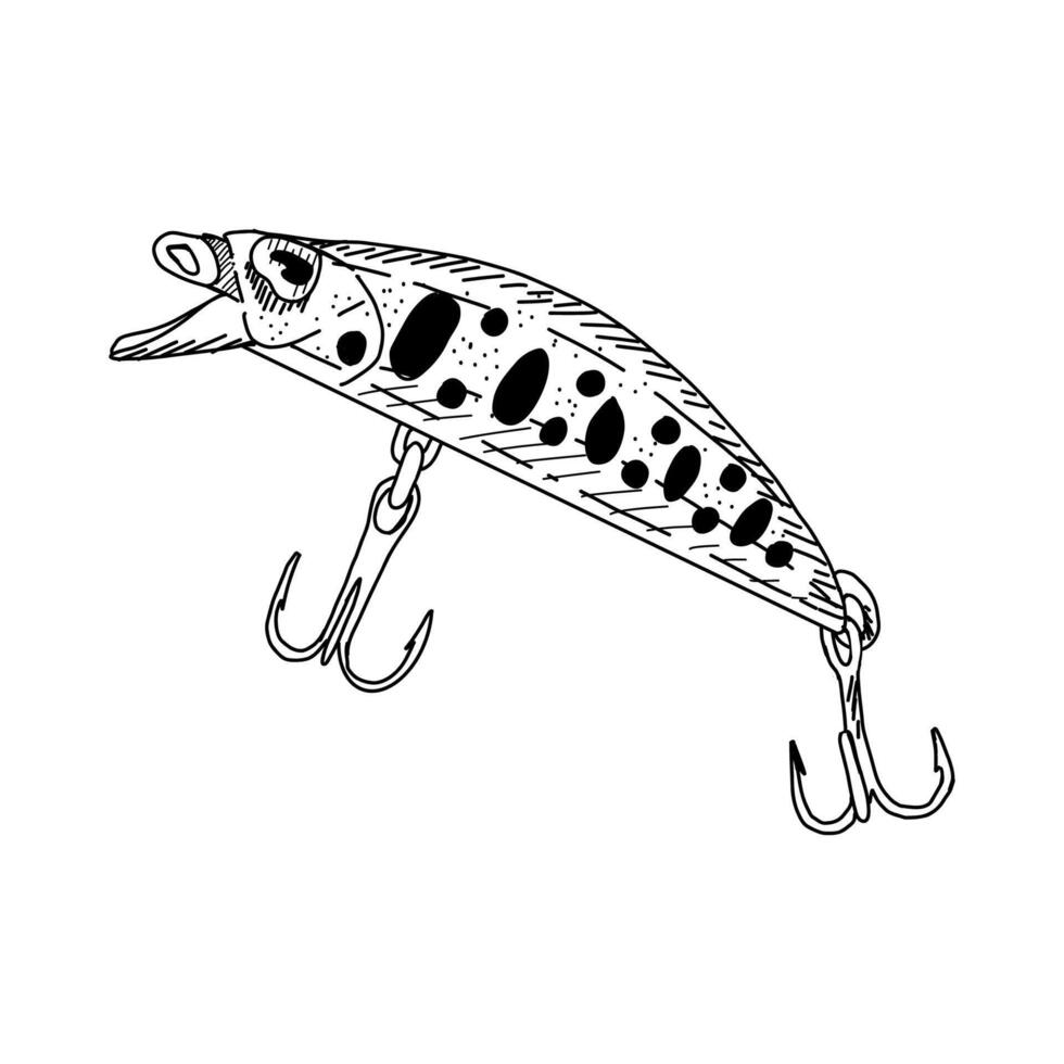 Fish hook minnow illustration tackle. Fly gudgeon spinner lure feeding. Bait line drawing. Ink silhouette Black outline graphic. Fishing spoon angler tool black outline vector