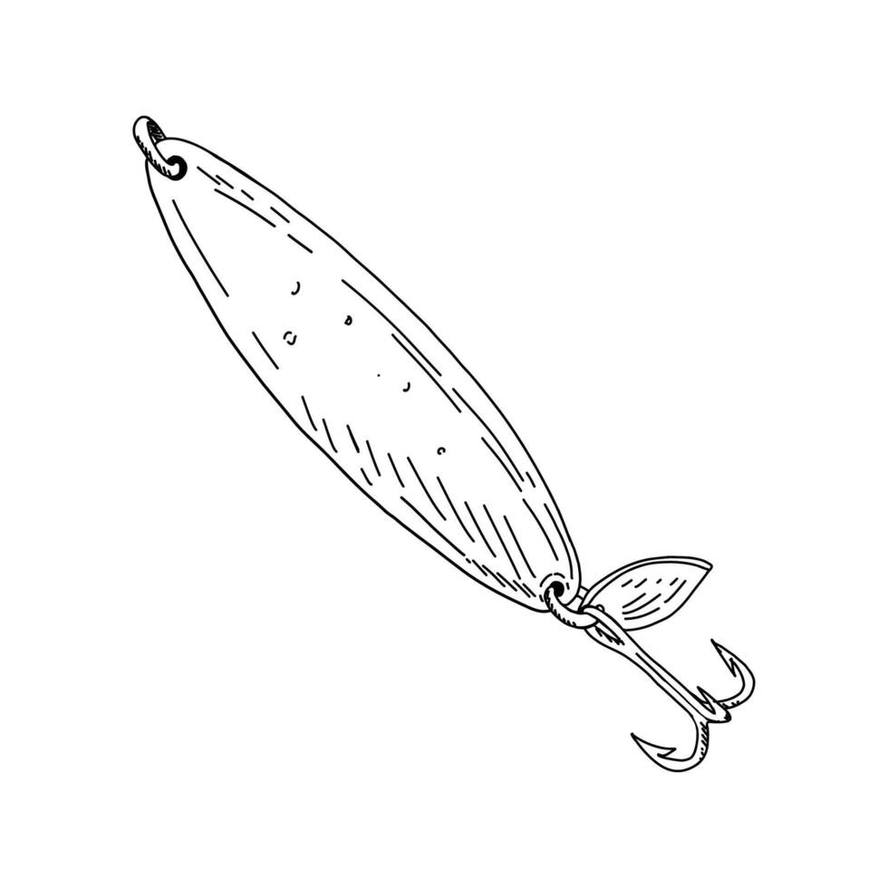 Fishing hook minnow illustration tackle. Metal fly gudgeon spinner lure feeding. Bait line drawing. Ink silhouette. Spoon angler tool black outline vector