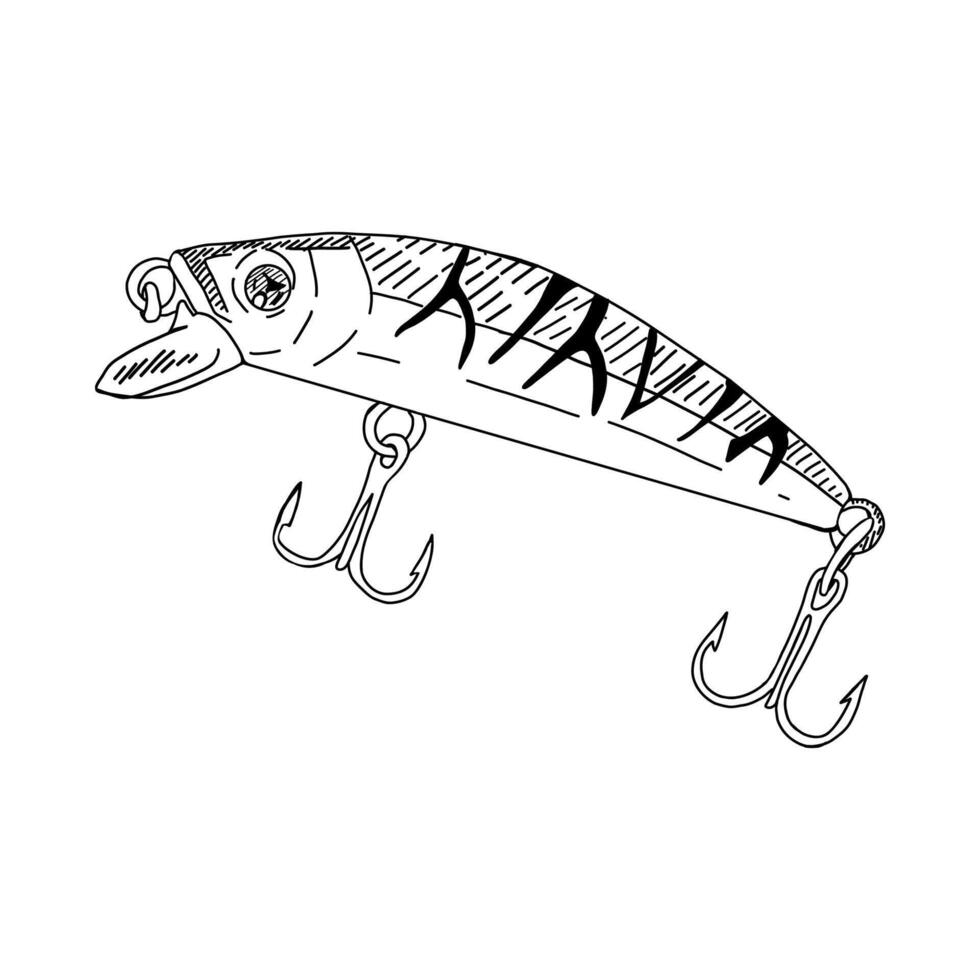 Fish hook minnow illustration tackle. Fly gudgeon spinner lure feeding. Bait line drawing. Ink silhouette Black outline graphic. Fishing spoon angler tool black outline vector