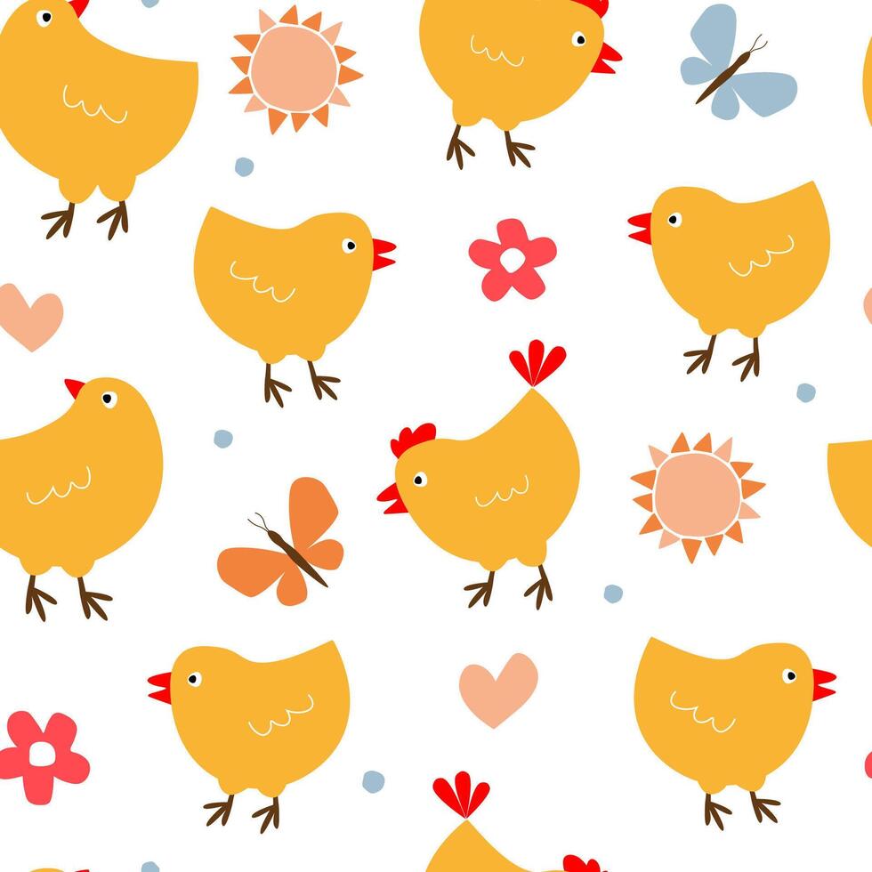 Seamless pattern with little chickens on a background of sun flowers, butterflies. A fun summer abstract print with a domestic bird. graphics. vector