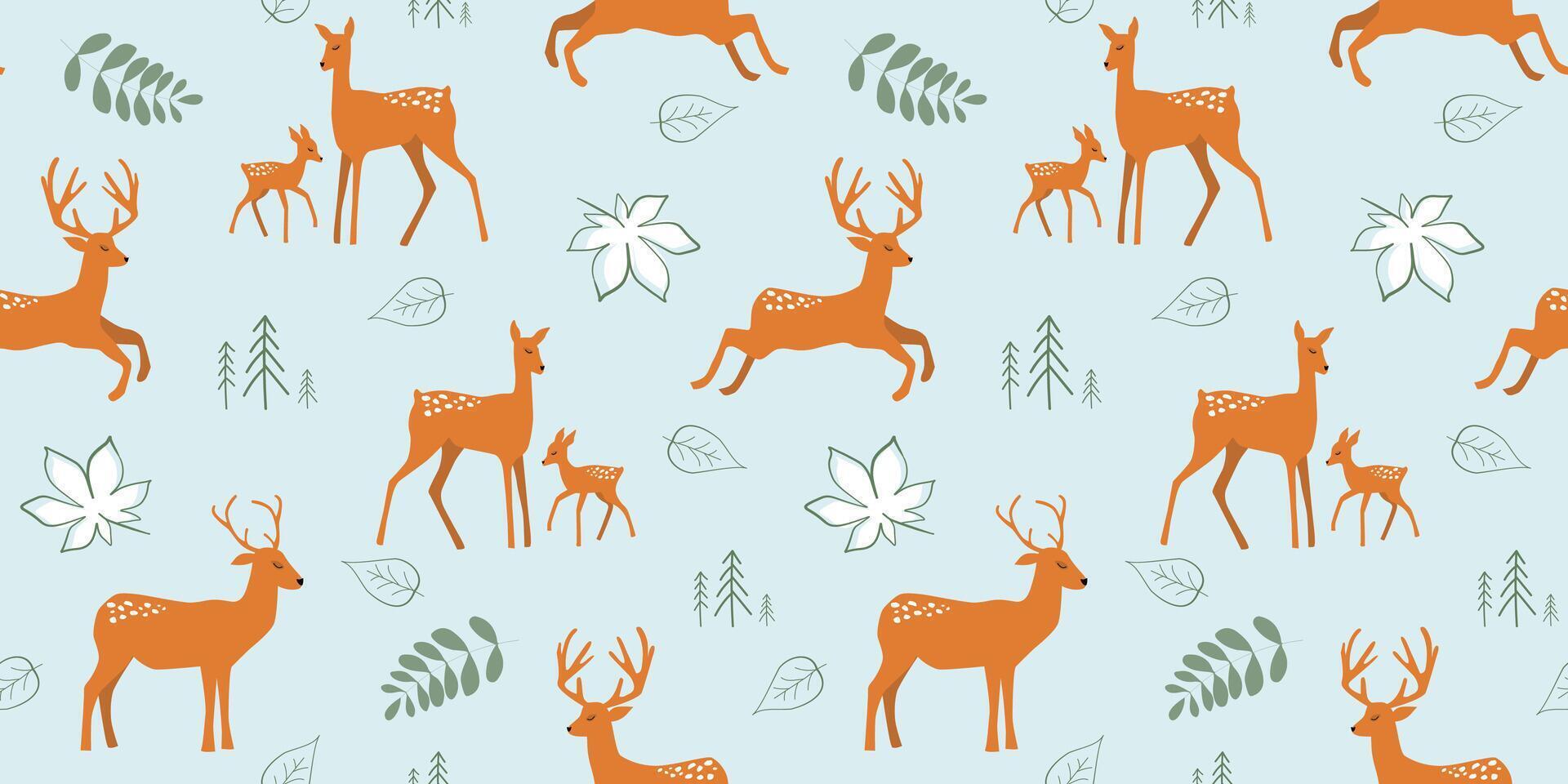 Seamless pattern with deer and fawns on a background of abstract leaves. Abstract natural forest print with animals. graphics. vector