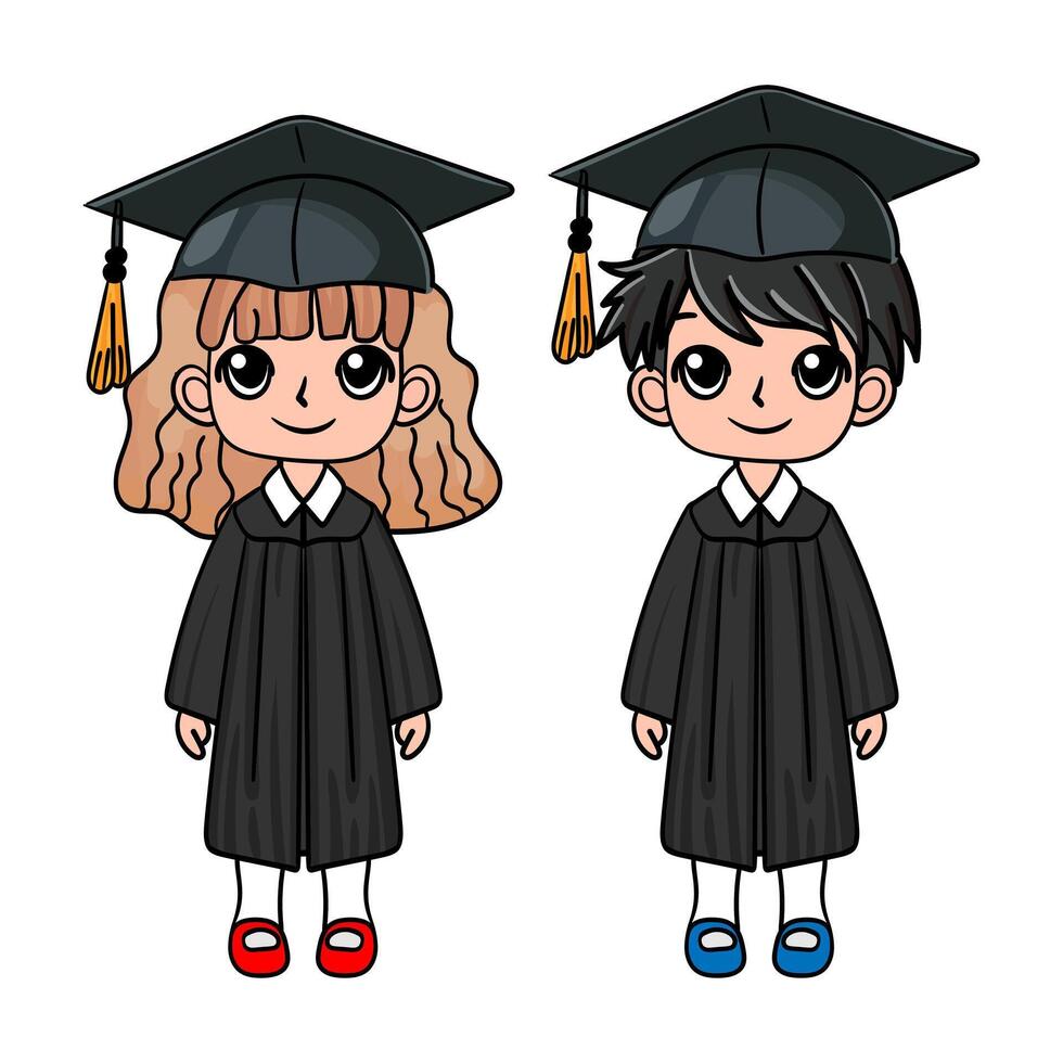 Cute postgraduate students with diploma cartoon wearing hat vector