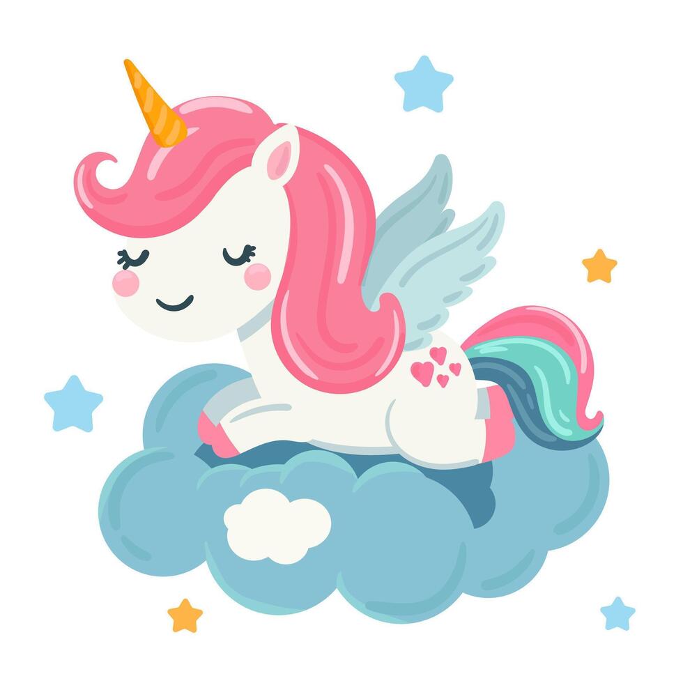 Cute Unicorn on Fluffy Clouds vector