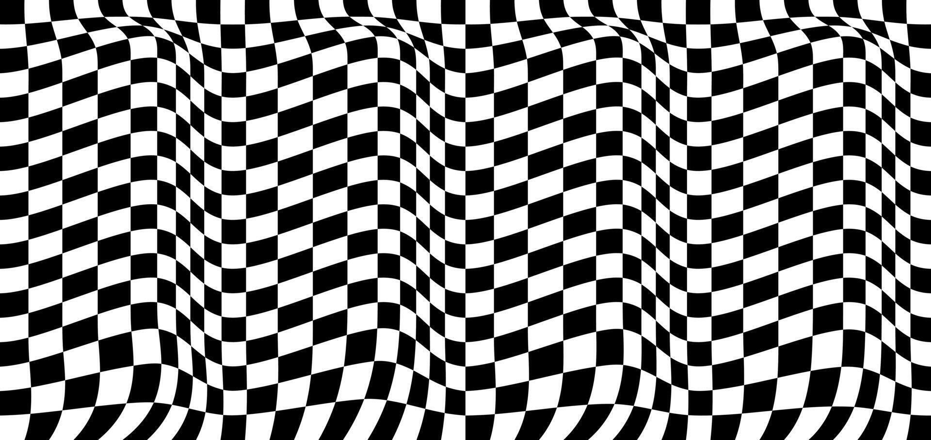 Chess distorted pattern. Seamless black and white checkered background. Rally finish flag texture. vector