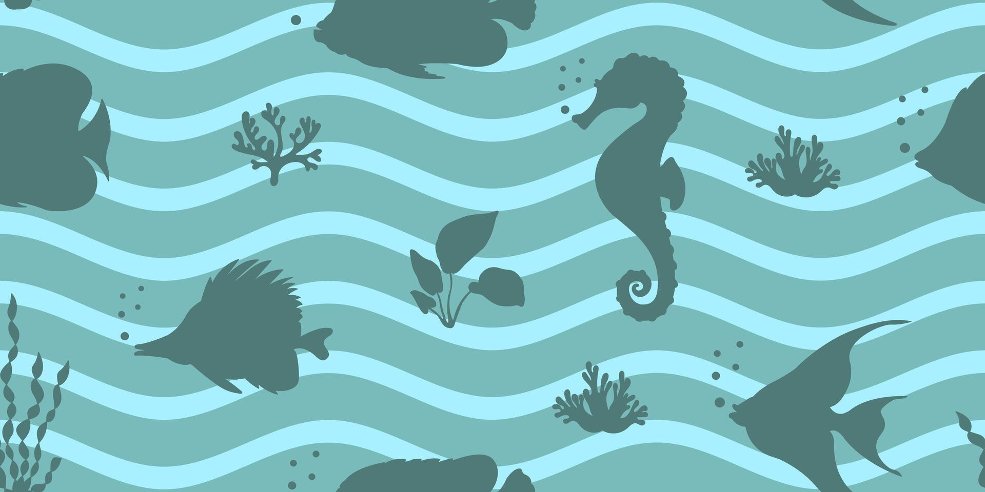 Seamless marine pattern with waves and fish silhouettes. Striped background with sea animals and algae. vector