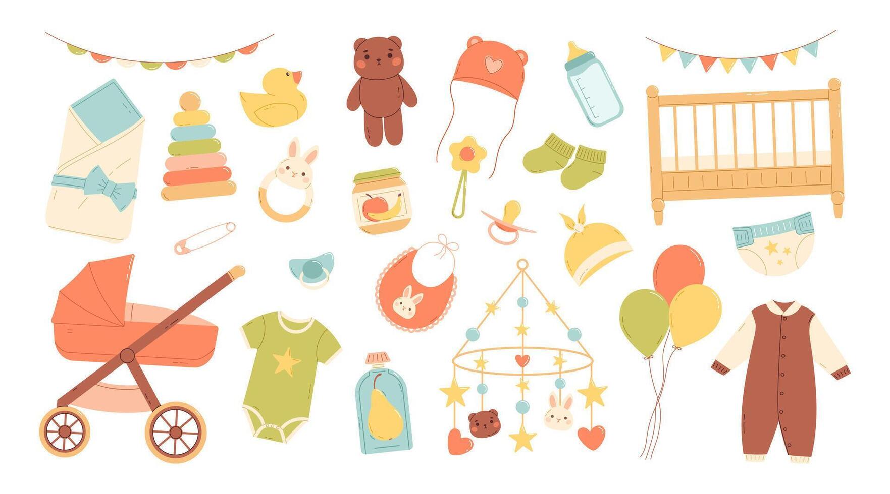 Baby shower set. Items for baby care. Flat isolated illustration vector