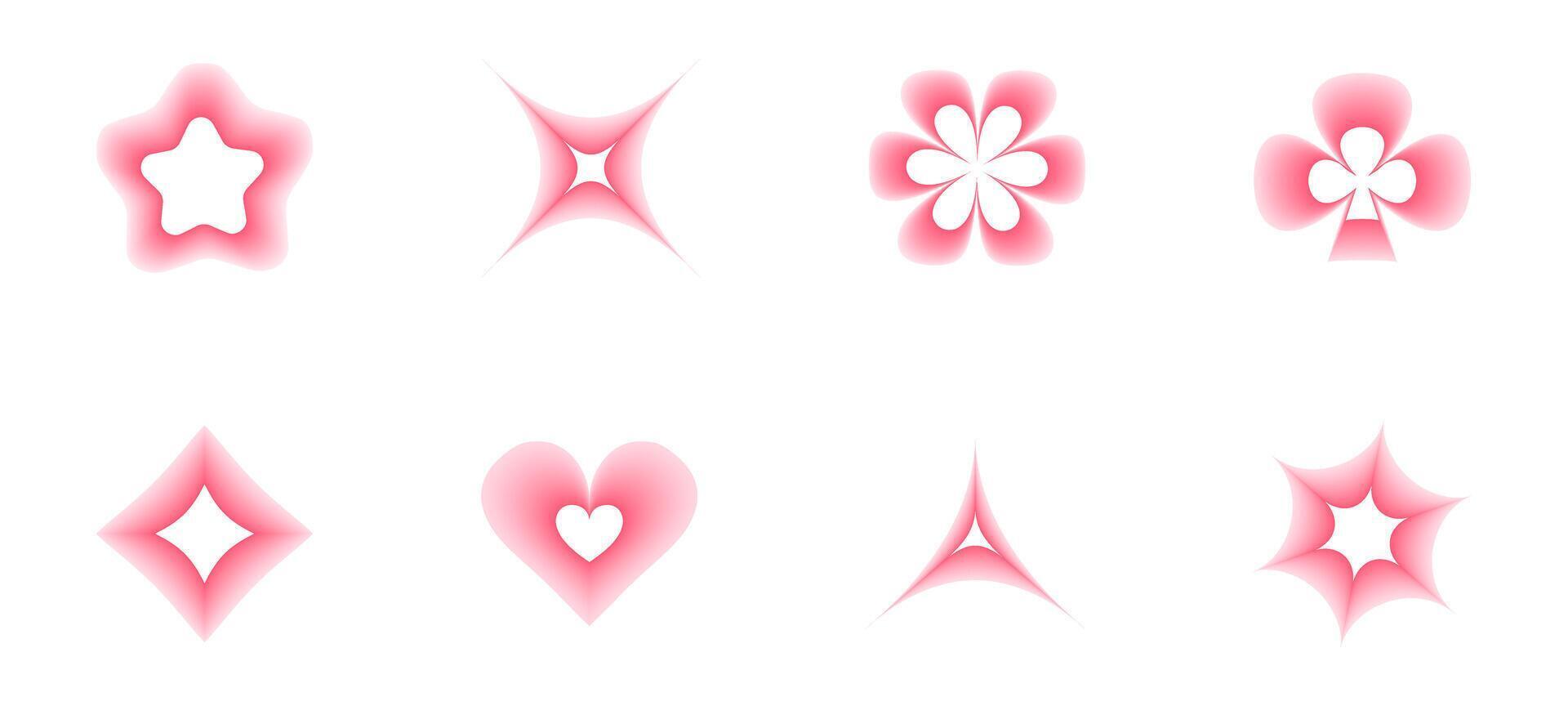 y2k blurred symbols for design. Set of shapes with pink color gradation. Aesthetic blur icons of star, heart and flower vector