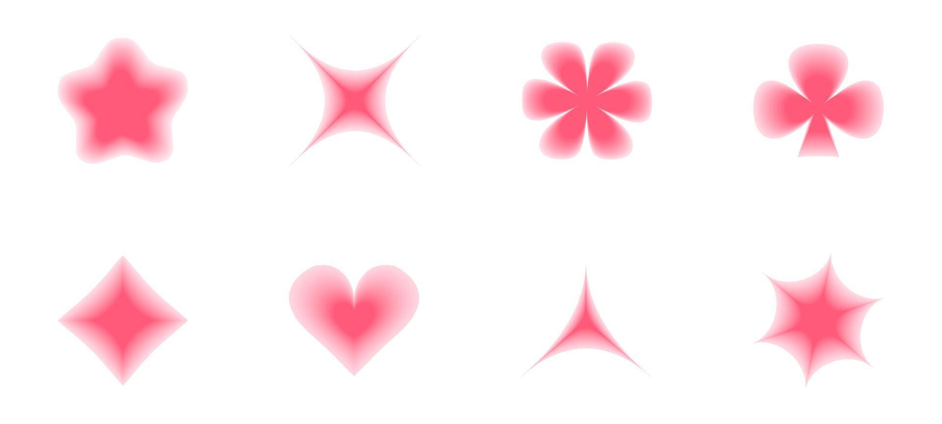 Blurred y2k graphic elements. Pink gradient shapes of hearts, stars, glare for aesthetic design. vector