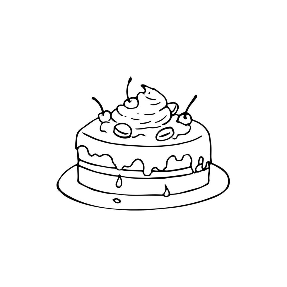 Hand-drawn cake illustration. Doodle style dessert. Cake with cherries and cream. vector