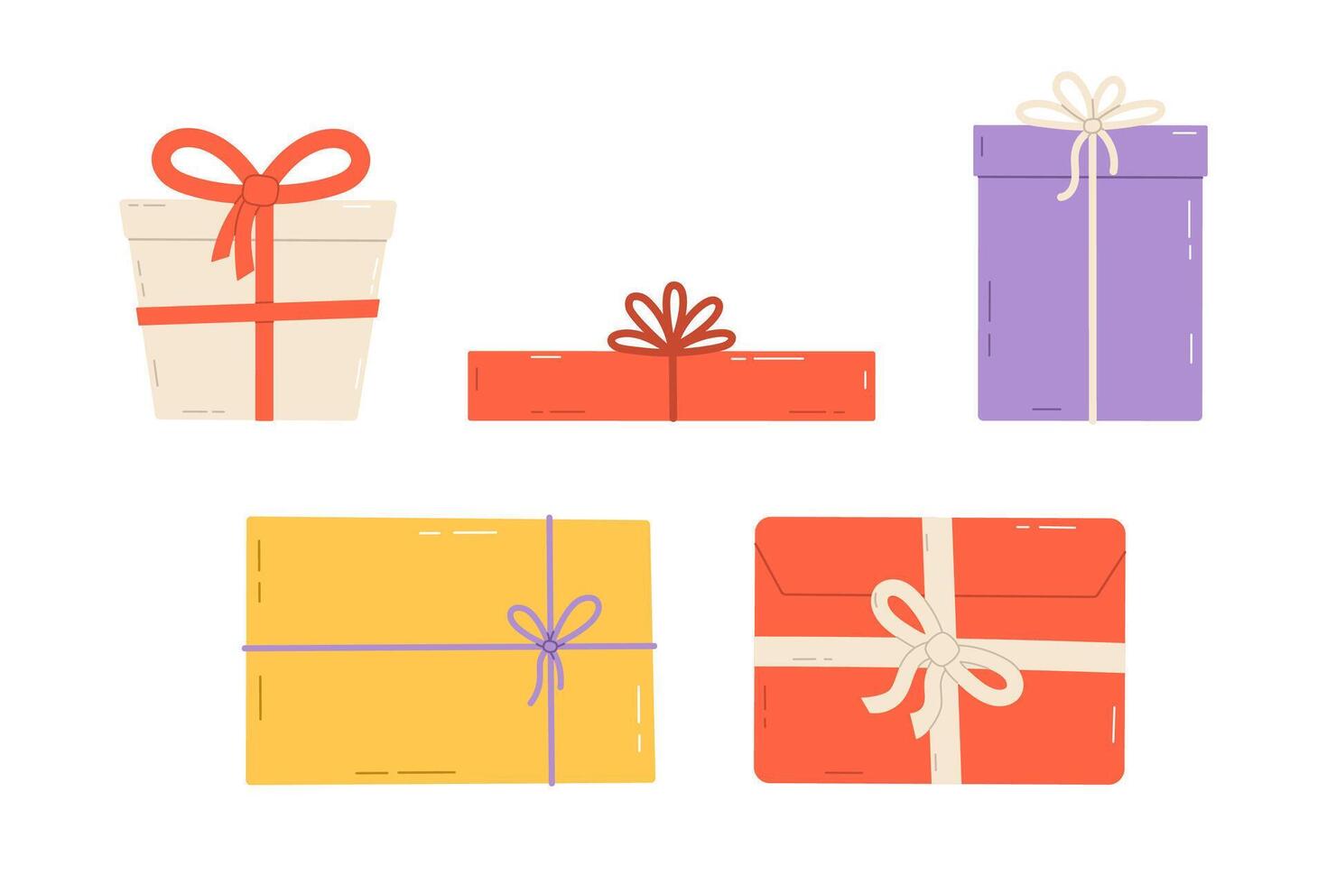 Set of gift boxes with bow. Present boxes, tied with wrapping ribbon. Flat isolated illustration vector