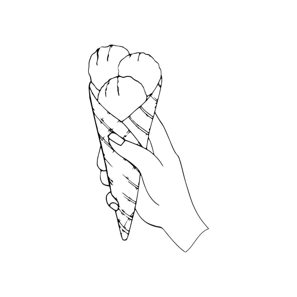 Woman hand holding an Ice cream. Ice Cream In Waffle Cone. Hand-drawn illustration. vector
