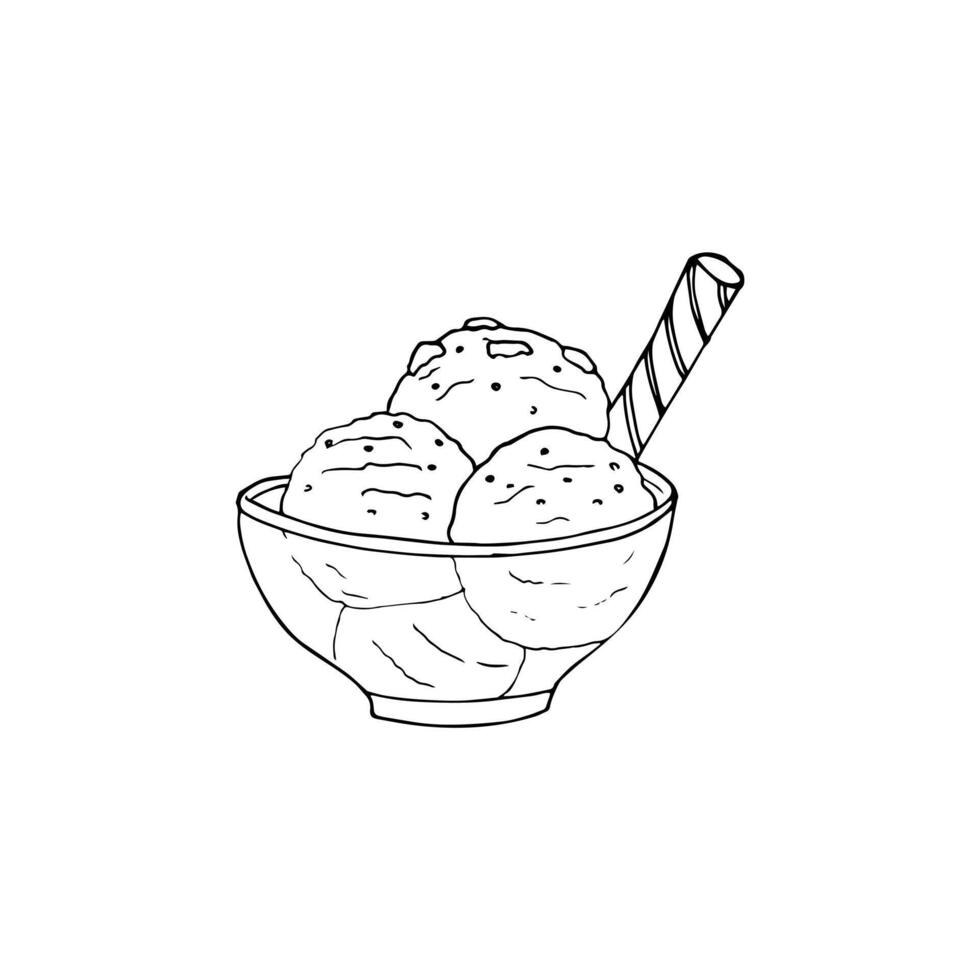 Hand-drawn ice cream on a glass bowl. Doodle style dessert. illustration. vector