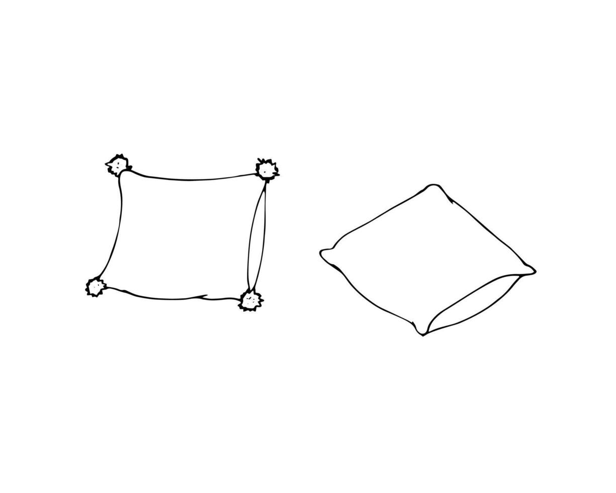 Hand-drawn Pillow sketch set. Doodle drawing of feather cushions. Cozy soft accessories set. Hand-drawn sketch of pillows on a white background. Black and white sketch of two pillows. vector
