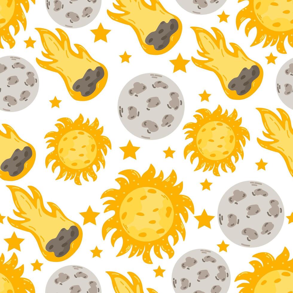 Space seamless pattern with cute sun, moon and comet design. Space background for greetings, invitations, wrapping paper production, textiles and web design. vector