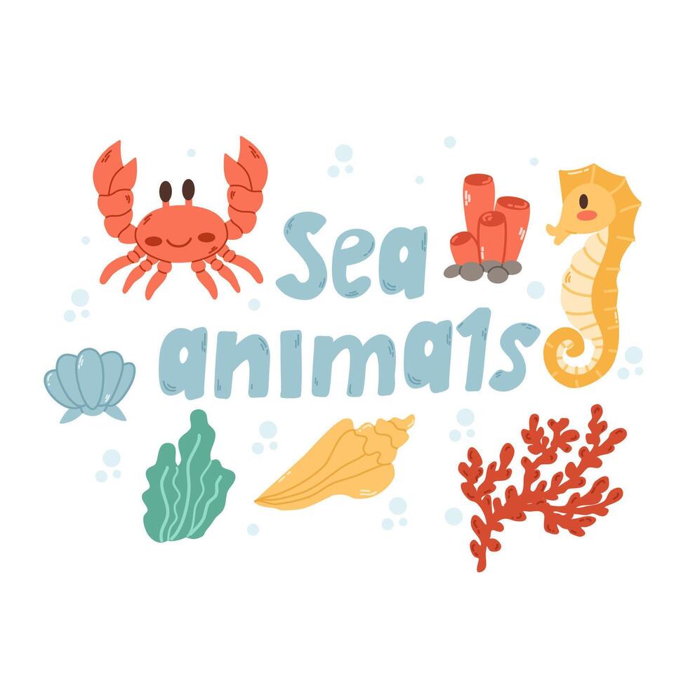 allí es un lote de debajo agua. Oceano colección con algas marinas, pez, cangrejo, caballo de mar. dibujos animados acuático animales y algas para niños. vector