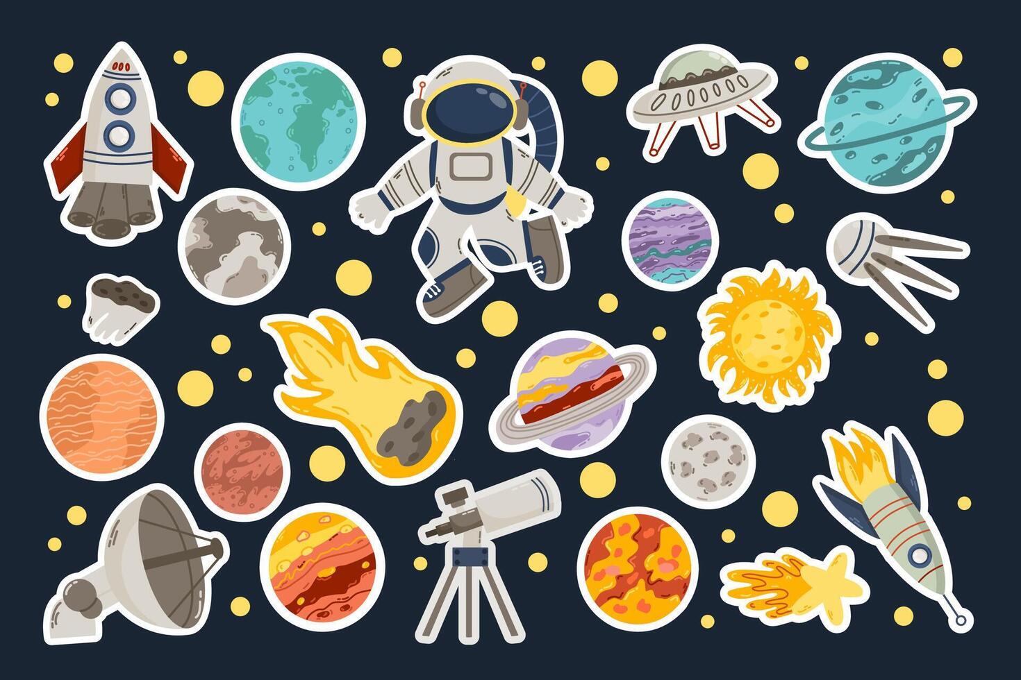 espacio pegatinas colección para niños, planetas, luna, constelación, cohete.galaxia investigación, espacio explorar y astronauta misión íconos vector